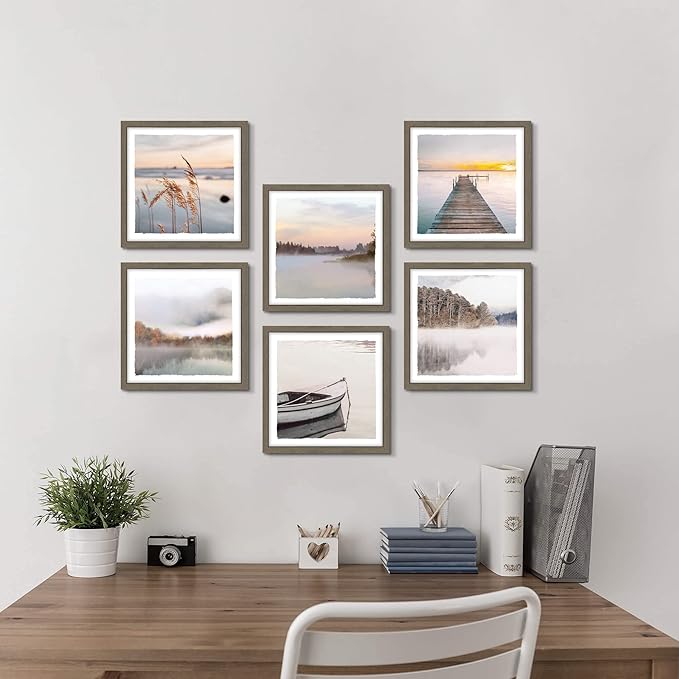 Modern Framed Lake Photo Painting: 6 Pieces Romantic Mountain Fog Prints Soft Colorful Landscape Wall Art Calming Nature Forest Water Painting Horizontal Multi View Scenery Artwork for Living Room
