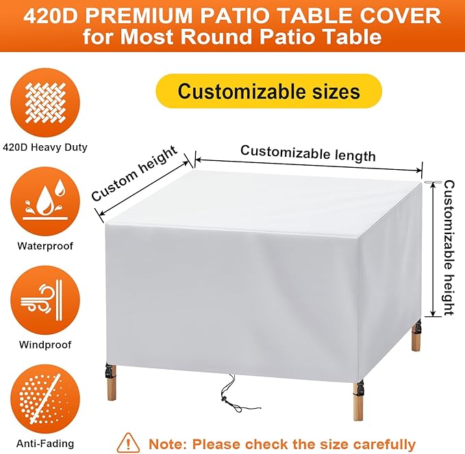 Patio Furniture Cover Rectangle 68"(L) x 48"(W) x 32"(H), Custom Heavy Duty 420D Waterproof Outdoor Cover with Drawstring & Buckles for Table Chair Garden, Silver