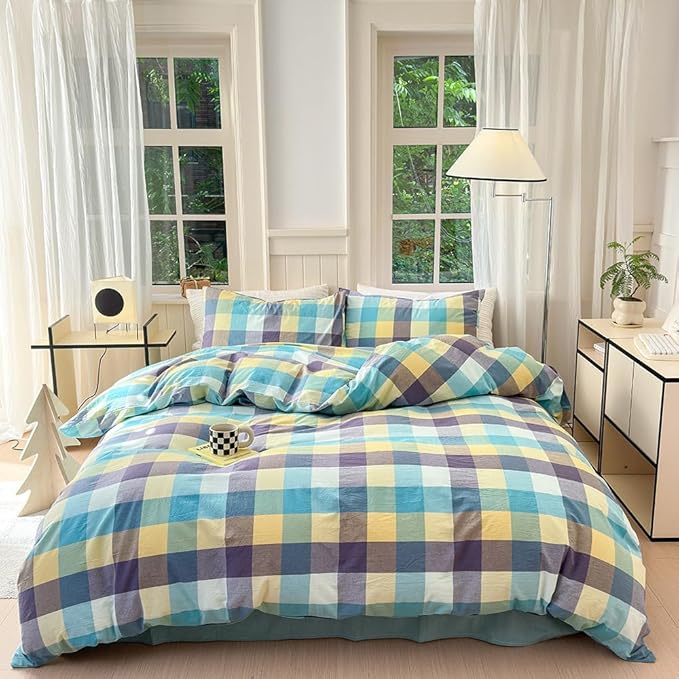 FACE TWO FACE Bedding Duvet Cover Set100% Washed Cotton Duvet Cover Linen Like Textured Breathable Durable Soft Comfy (Full, Yunxi Blue)