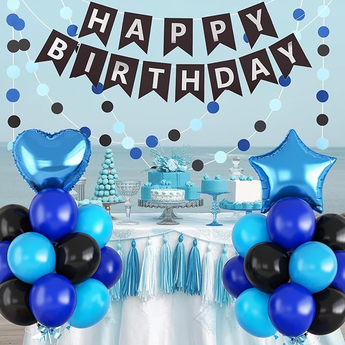 Blue and Black Birthday Party Decorations for Boys Men Royal Blue Black Balloon Set with Star Heart Foil Balloons Happy Birthday Bunting Banner Garland Navy Dark Light Baby Game Theme Party Decor Kit