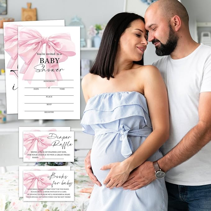 Pink Bow Baby Shower Invitations, Fill-in Invites For Gender Reveal Baby Announcement, Party Favor & Accessories(25 Invitations With Envelopes, 25 Dipaer Raffle Tickets & 25 Book Request Cards)-12