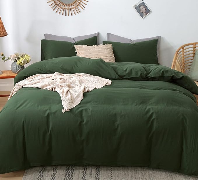 MooMee Bedding Duvet Cover Set 100% Washed Cotton Linen Like Textured Breathable Durable Soft Comfy (Solid Forest Green, Twin 68"x90")