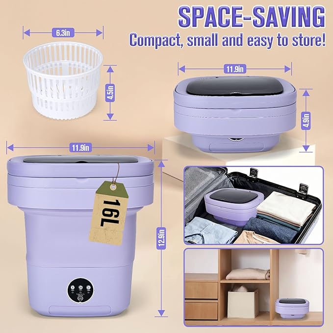 Mini Washing Machine 16L Portable Washer Foldable Small Washing Machine - 3 Cleaning Modes with Spin Dryer Basket for Underwear, Socks, Baby Clothes - Ideal for Apartment, Dorm, RV & Travel