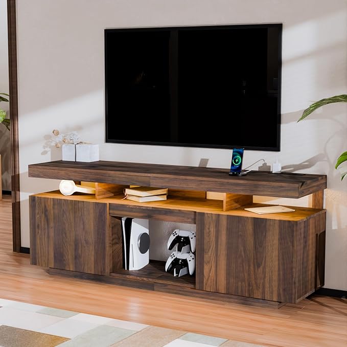 HOMMPA LED TV Stand for up to 70" TV Entertainment Center with Power Outlets, Gaming TV Consoles with Storage Media Table with LED Lights Game Cabinet for Living Room Walnut