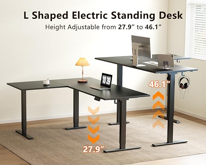 Casaottima 63 Inch Reversible L Shaped Electric Standing Desk, Ergonomic Height Adjustable Desk, Large Lift Corner Stand up Table for Workstation, Home Office, Reception Room, Black