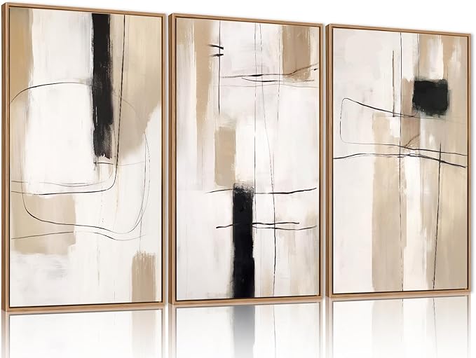 FWIEXA Modern Abstract Canvas Wall Art Set of 3, Framed Neutral Wall Decor, Large Black White Wall Painting, Beige Cream 24x36 Inch Prints Artworks for Living Room, Bedroom, Dining Room, Office