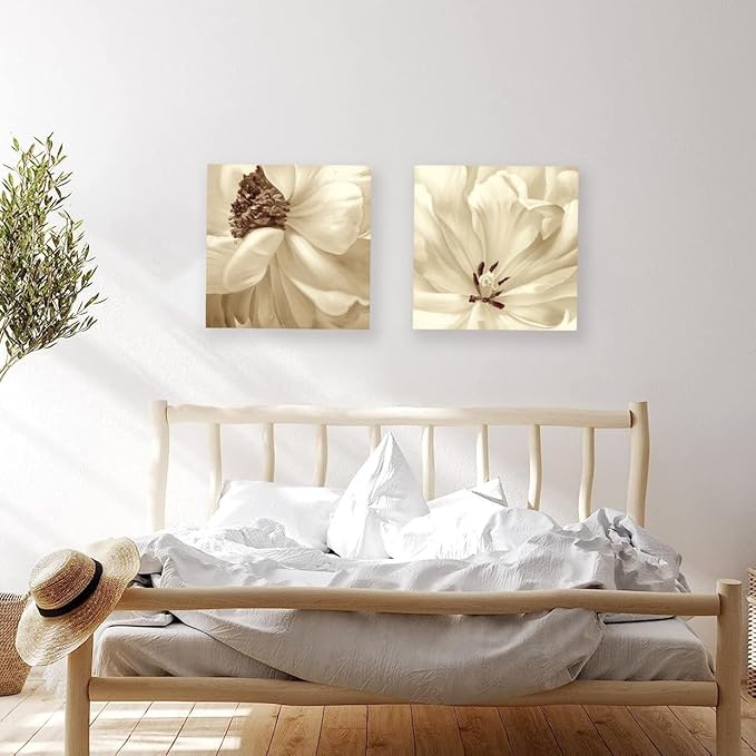 SEVEN WALL ARTS Flower Canvas Wall Art 2 Pieces Neutral Beige Floral Pictures Elegant Blossom Flowers Poster Print for Living Room Bedroom Office Boho Decor 24"x24"