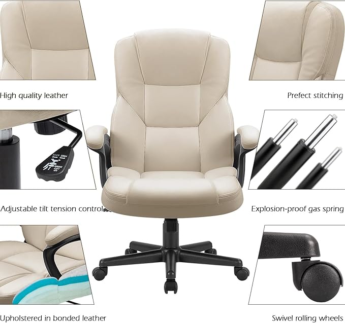 Furmax Office Executive Chair High Back Adjustable Managerial Home Desk Chair, Swivel Computer PU Leather Chair with Lumbar Support (2, Beige)
