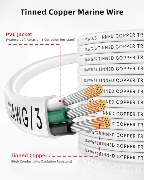 NAOEVO 12 Gauge Marine Wire - Waterproof 12/3 Triplex Electrical Cable | 100FT Insulated PVC for Boats & RVs