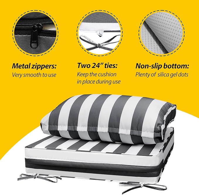 AAAAAcessories Outdoor Seat Cushions for Chairs, Fade-Resistant, Waterproof Patio Furniture Replacement Cushions, 25.5" x 25.5" x 5" + 25.5" x 13.5", Gray Cabana Stripe