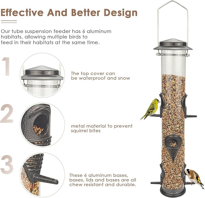 MIXXIDEA 1PK Metal Wild Bird Feeder,Squirrel Proof Bird Feeders for Outside,Hanging 6 Port Tube Bird Feeder Transparent Finch Bird Feeder for Attracting Birds in Your Lawn, Garden, Balcony – Coffee