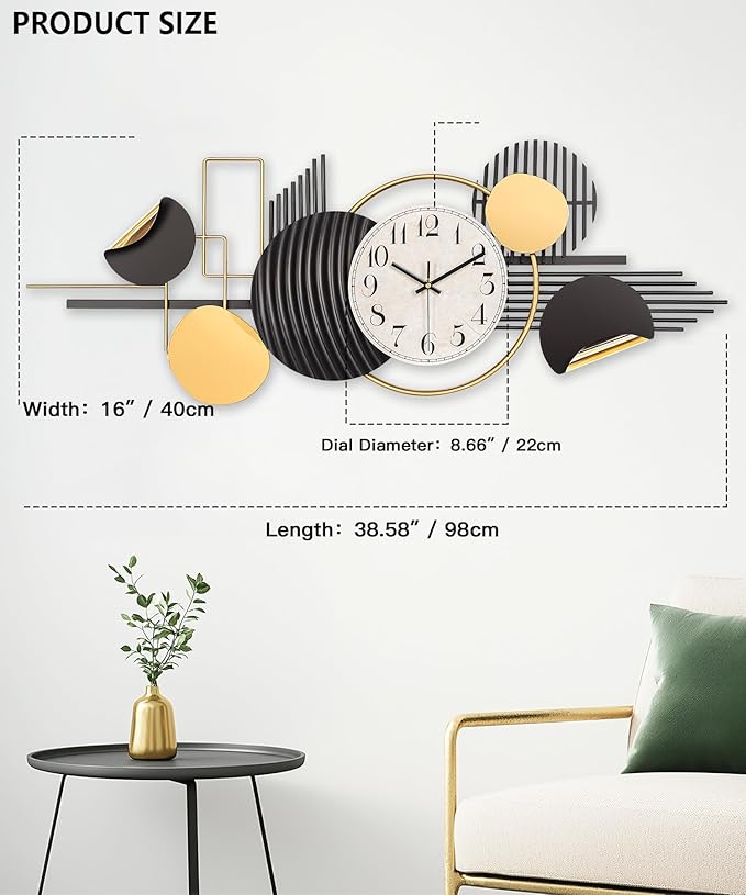 Large Wall Clock, Modern Silent Non-Ticking Metal Wall Art Wall Clocks Battery