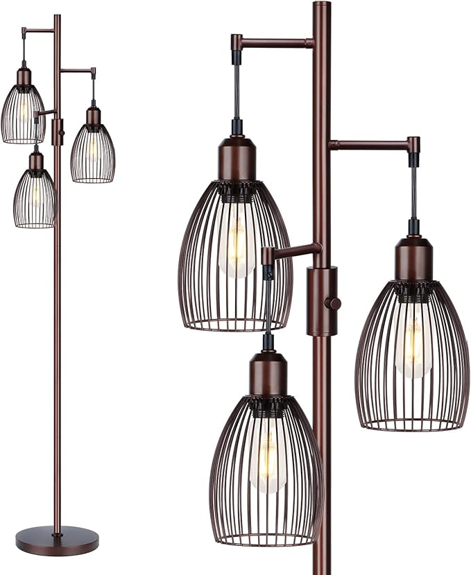 Torondo Dimmable Floor Lamp, Industrial Floor Lamps for Living Room, Brown Tree Lamp Standing Lamp Tall Lamps with 3 Elegant Teardrop Cage Head & 800 Lumens LED Bulbs for Living Room Bedroom Office