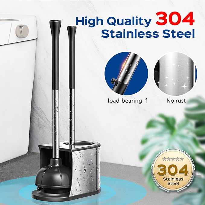 HAMITOR Toilet Plunger and Brush Set: 2 in 1 Stainless Steel Bowl Brush with Holder, Deep-Cleaning Curved Bristles and Heavy Duty Unclogger, Compact Design for Household & Hotel, Silver, 2-Pack