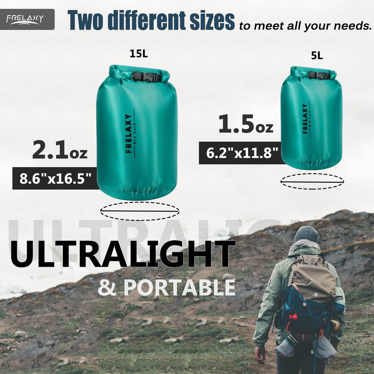 Frelaxy Waterproof Dry Bag 2 Pack/3 Pack, Lightweight Portable Dry Bags, 5L & 15L & 25L Durable Dry Sack Set Keep Gear Dry for Hiking, Camping, Boating, Backpacking, Kayaking (2 Pack - Turquoise)