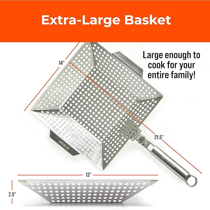 Heavy-Duty Stainless Steel Grill Basket – 12" x 13.75" Grilling Basket with Removable Handle – Large BBQ Basket for Vegetables, Fish & Meat