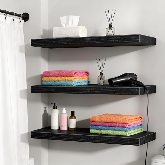 Vervida® Black Floating Shelves, 47.2 in W x 9.3 in D Wall Mounted Wood Shelves