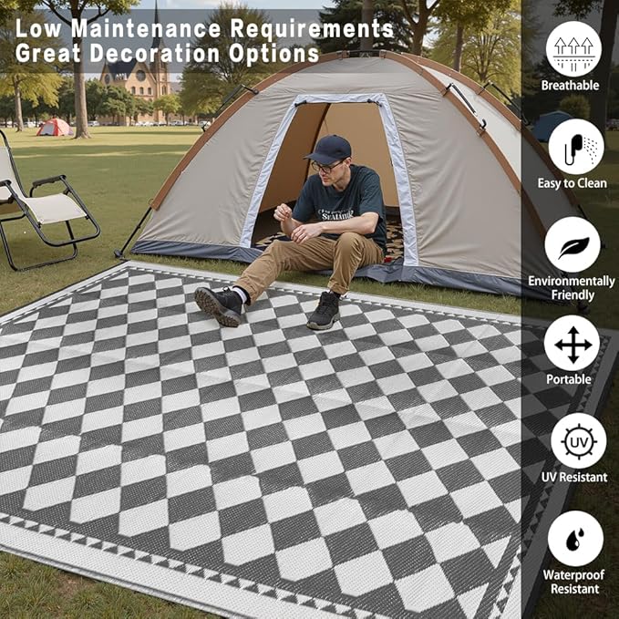 HUGEAR Outdoor Waterproof Rug 6'x9' Plastic Straw Rugs Washable Reversible Floor Mat Grey Plaid Carpet for Camping RV Deck Entryance Porch Picnic Balcony Beach Backyard