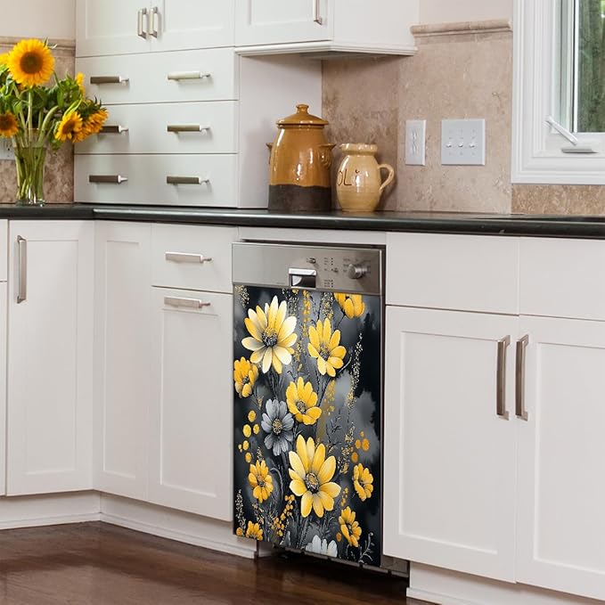 Painting Yellow Grey Flowers Dishwasher Magnet Cover Decorative Refrigerator Covers Magnetic Reusable Dishwasher Door Cover Kitchen Appliance Sticker Cover 23x26Inch