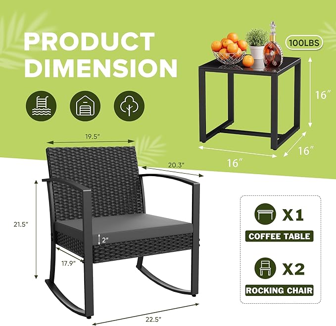 Homall Patio Furniture Set 3 Piece Resin Outdoor Bistro Set Rocking Patio Chairs with Cushions and Table for Porch, Poolside, Balcony and Yard (Grey)