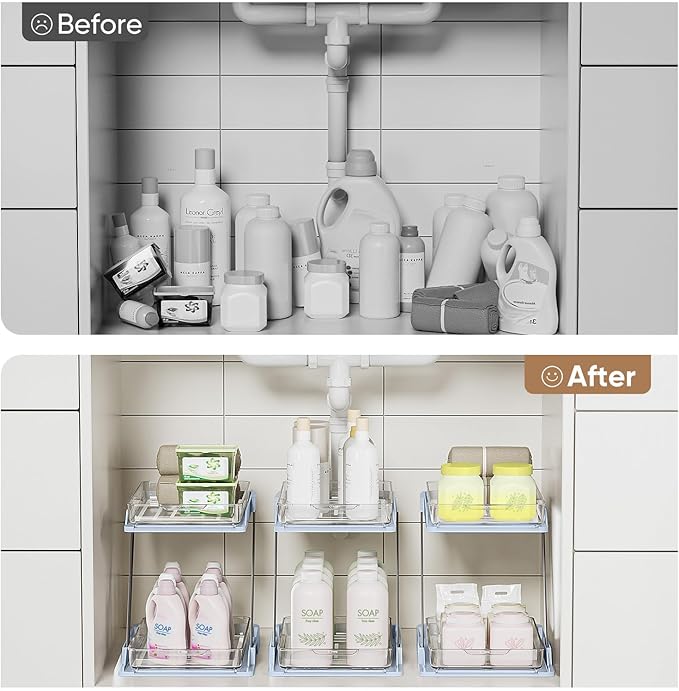 3 Pack Bathroom Organizers and Storage - Multi-Purpose,2-Tier Clear Pull Out Organization for Bathroom,Under Sink,Kitchen,Vanity,Countertop,Cabinet,Pantry & Medicine Cabinet,Blue