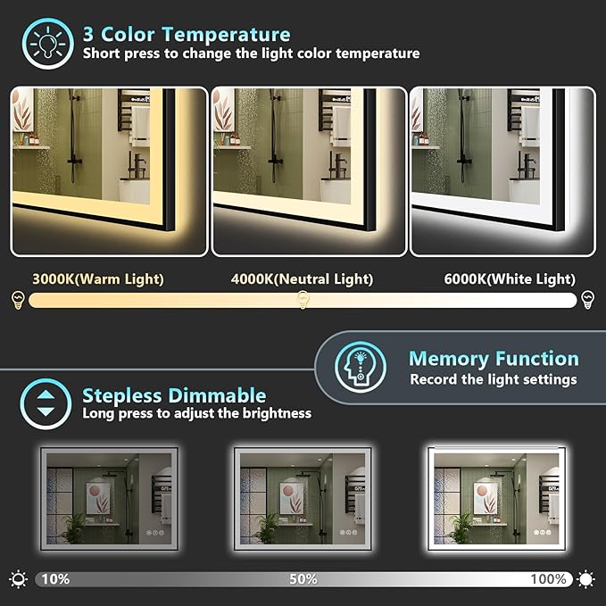 44x36 Black Framed LED Bathroom Mirror