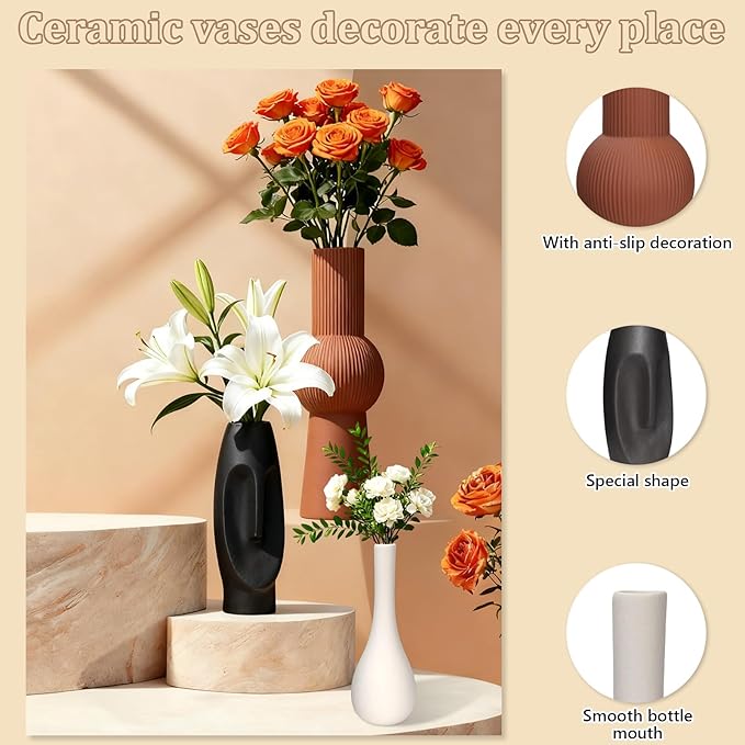 Modern Ceramic Vase Set of 3 with Creative Easter Island Moai Abstract and Grooved/Teardrop Design, Perfect for Pampas Grass, Fall Decor, Boho and Farmhouse Home Living Room Decor