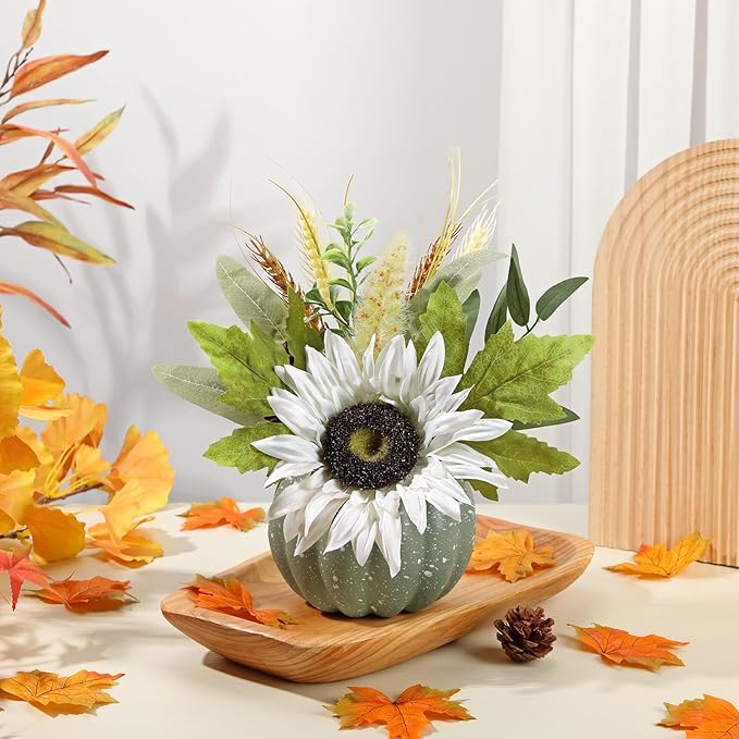 Artificial Pumpkin Floral Arrangement with White Sunflowers & Autumn Leaves – Fall Table Centerpiece for Thanksgiving, Halloween & Harvest Décor – Rustic Farmhouse Pumpkin Autumn Décor