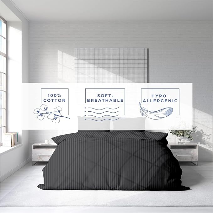 Kotton Culture 3 Pc King Size Duvet Cover Set- 100% Egyptian Cotton Sateen 600 Thread Count Ultra Soft Premium Durable Comforter Cover Zipper Closure & Corner Ties (Striped Dark Grey, King 102"x94")