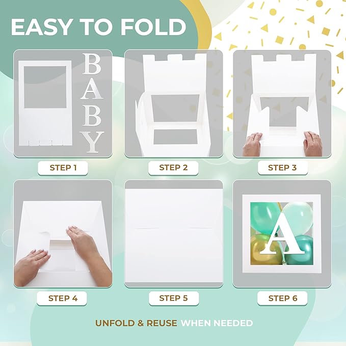 Baby Shower Boxes with Letters – White Boxes with Green, Gold & White Balloons – 44-Piece Gender Reveal & Party Decoration Set by Vellax
