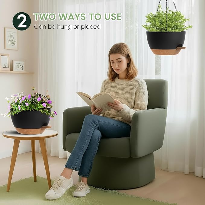 3 Pack 10 Hanging Flower Pots with Chains Self Watering Plastic Planters for Indoor Outdoor Plants, Sturdy Triangular Iron Chain Design for Garden PorchPlastic hanging flower pots (3, Black Brown)