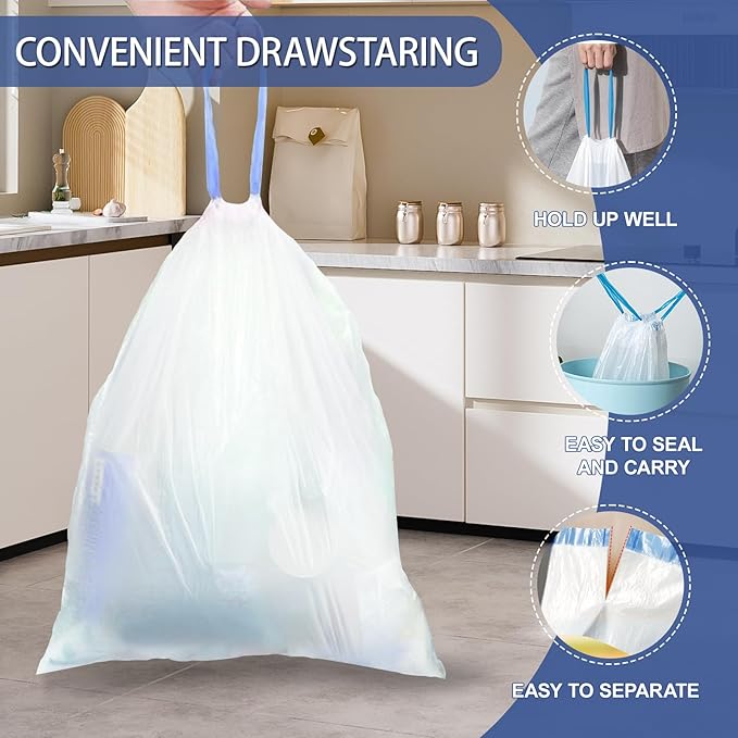 240 Count 8 Gallon Trash Bags Drawstring - 1.2 Mil White Medium Garbage Bags Unscented, 30 Liter Thick Plastic Trash Can Liners for Home Kitchen Bathroom
