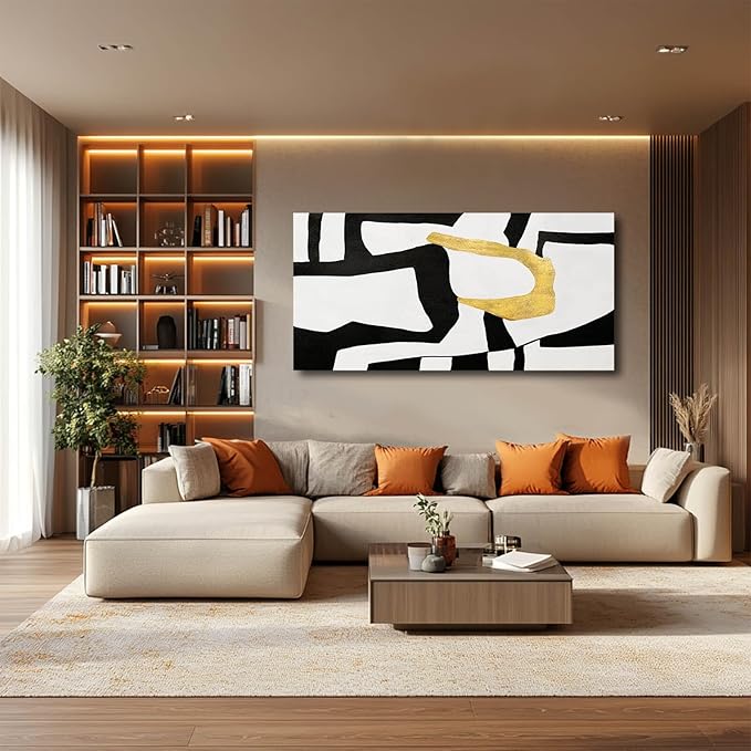 NBAODAN Black and White Wall Art Abstract Wall Decor Geometric Canvas Poster Large Wall Painting 24"x48" Gold Pictures for Office Dining Room Bedroom