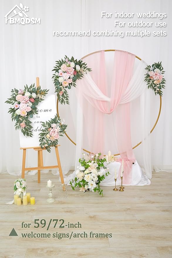 Wedding Welcome Signs Floral(Pack of 2)，Wedding Arch Flowers for Wedding Decorations and Reception Backdrop Decoration (New Pink)