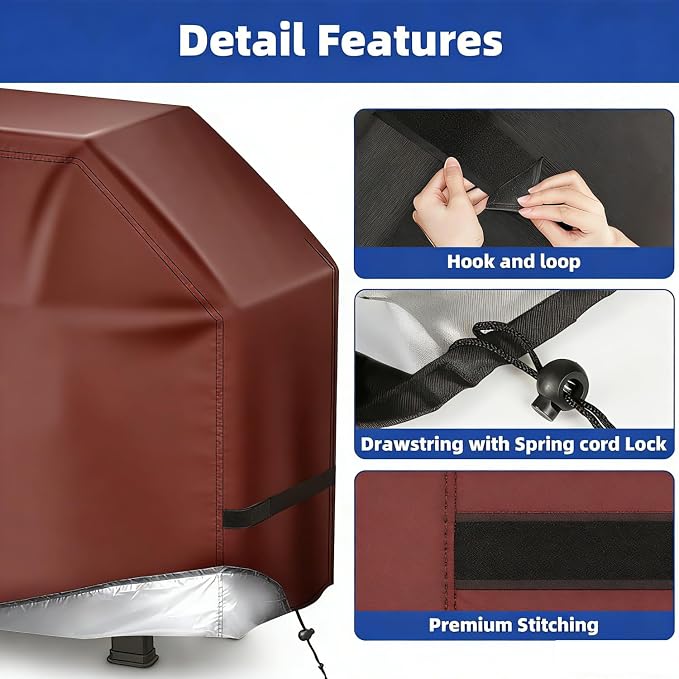 BBQ Gas Grill Cover for Outdoor, Anti-UV, Rip-Proof, 600D Oxford Fade Resistant Material, Barbecue Cover with Hook and Loop Straps & Adjustable Hem Drawstring (Reddish Brown, 60”x24”x44”)