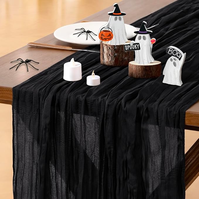 Socomi 10pcs Black Cheesecloth Table Runner Boho Rustic Gauze Fall Thanksgiving 120 inch 10FT Cheese Cloth Runner for Wedding Party Baby Shower Birthday Home Decor Holiday Decorations