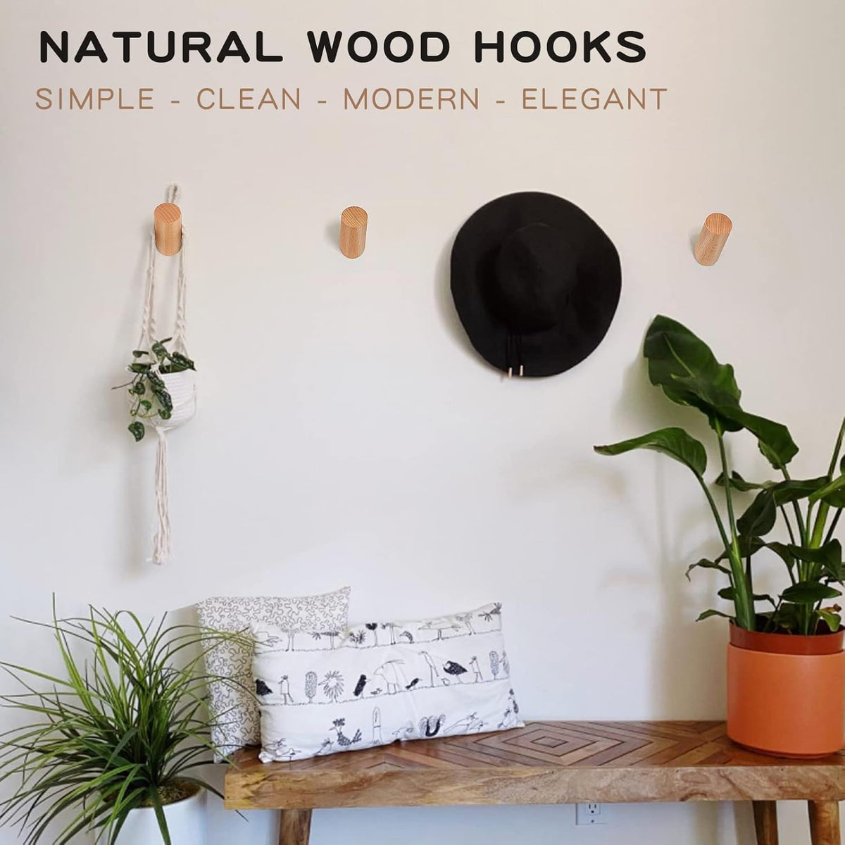 Wood Wall Hooks, 6 Pack Natural Wooden Coat Hooks Wall-Mounted, Rustic Heavy Duty Hook for Hanging Towels Coats Plants, Entryway Hat Hanger Wall Coat Rack (Beech Wood)