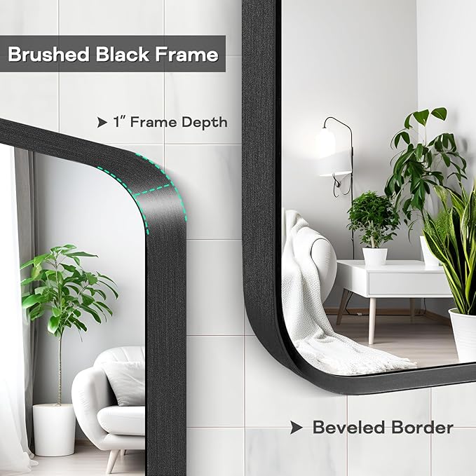 Wall Mount Mirror for Bathroom, Brushed Black Metal Framed Rounded Corner