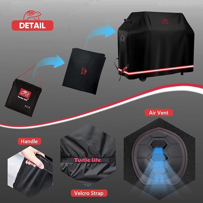 Turtle Life BBQ Grill Cover, 72 Inch Heavy Duty Waterproof 4-6 Burner Barbecue Gas Grill Covers for Weber Genesis Char-Broil Deluxe, Black