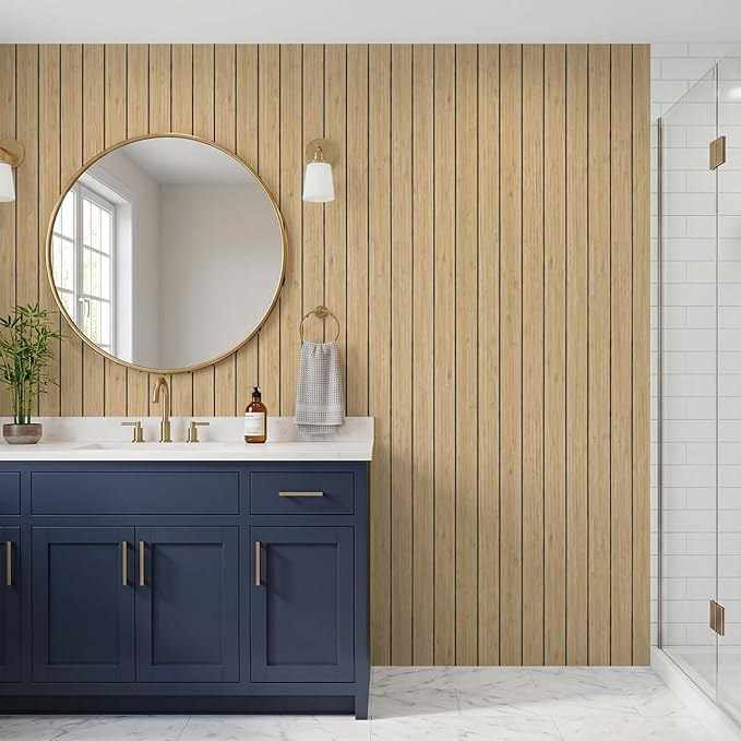VEELIKE Tan Birch Wood Slat Wall Panels Peel and Stick Decorative Faux Wood