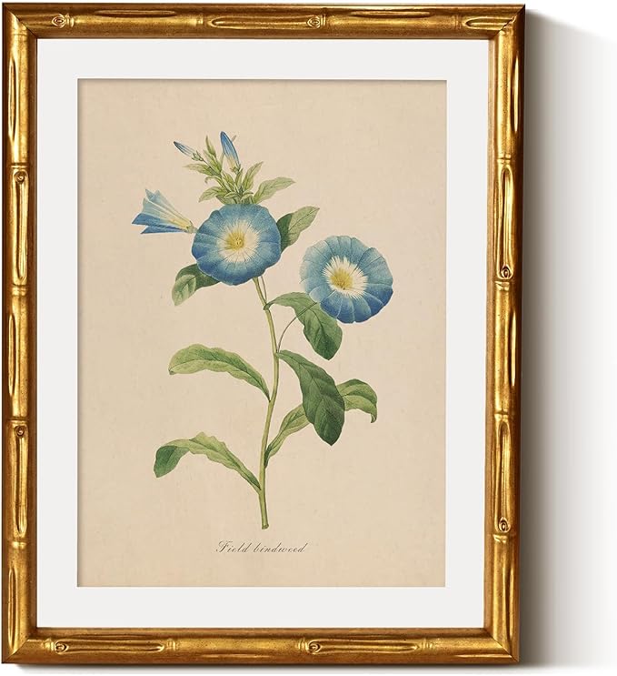 InSimSea Gold Bamboo Framed Canvas Wall Art, Retro Blue Field Bindweed