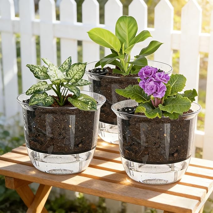 Self Watering Pots, 3 Pack 5 Inch Clear Plant Pot Self Watering Planter Flowers Pot with Deep Reservoir for Indoor Plants (3 Medium)
