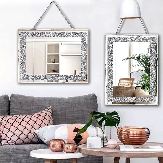 2 Piece Wall Mirrors, Crush Diamond Wall Décor Silver Decorative Mirrors
