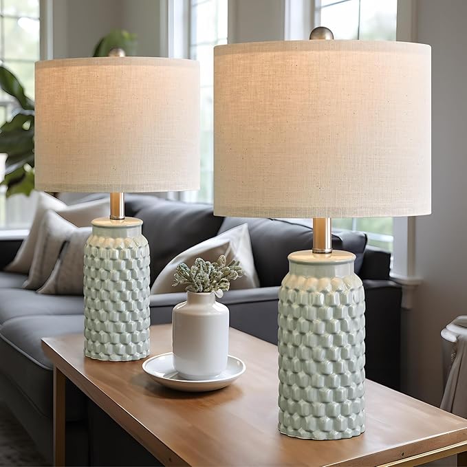 20.5 inches Modern Ceramic Green Bedside Lamp Set of 2 for Bedroom Decor Farmhouse Table Lamp for Living Room Office Dorm