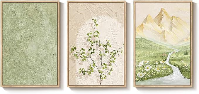 Framed Sage Green Landscape 3 Piece Wall Art for Living Room, Neutral Beige Mountain Botanical Print Canvas Artwork for Walls, Modern Nordic Rustic Nature Wall Decor for Bedroom Home Office, 16x24 In