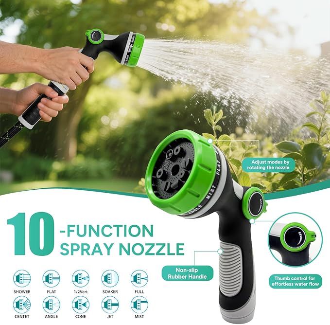 Garden Hose 75FT, Flexible Lightweight Non-Expandable Water Hose with 10 Function Nozzle, No-Kink, Leak-Proof, Burst-Resistant, High-Pressure for Yard, Outdoor