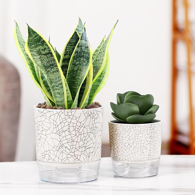 Self Watering Pots for Indoor Plants, 5 & 4 Inch Stylish Flower Pots, Set of 4 Modern Planters with Self Watering Plant Feature (Crack Texture)