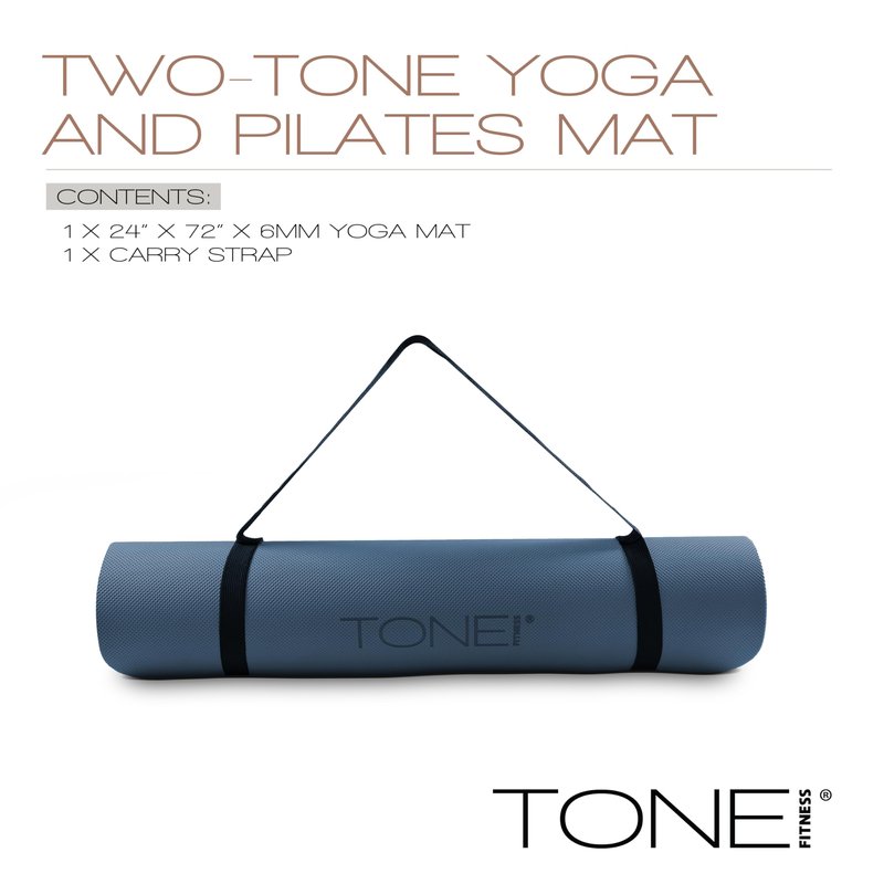 TONE Fitness Yoga Mat 1/4" Thick Non Slip Exercise & Pilates Mat for Home Workouts with Carrying Strap | V Pattern | Black/Blue