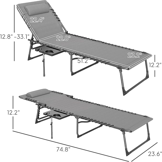 Outsunny Folding Chaise Lounge Chair Outdoor Tanning Chair with Side Table, 5-Level Adjustable Beach Lounge Chair with Headrest, Side Pocket for Patio, Backyard, Beach, Poolside, Gray