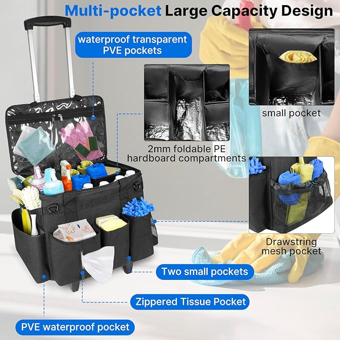 LIWSHWZ Rolling Cleaning Caddy Bag with Detachable Trolley & Lid,for Cleaning Supplies Organizer,Portable Large Cleaning Bag with Wheels for Housekeepers,with Shoulder Strap and Thickened Trailer Leg